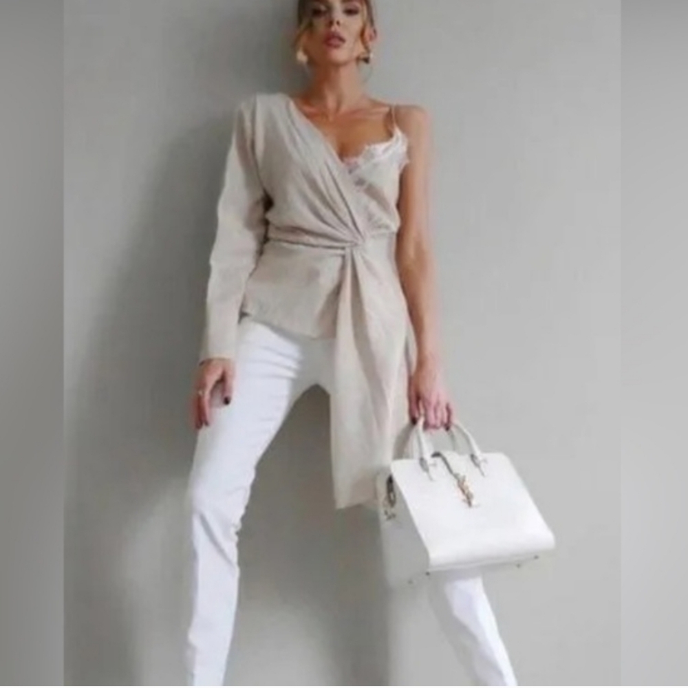 WOMEN'S Zara ASYMMETRICAL TOP Shirt BLOUSE WITH Lace SZ XL CHAMPAGNE COLOR $50 - Picture 4 of 6